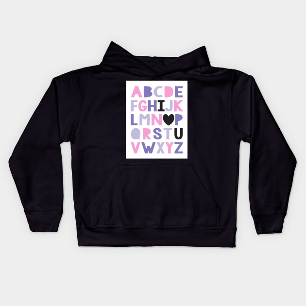 I love you ABCs in pink and purple Kids Hoodie by creativemonsoon